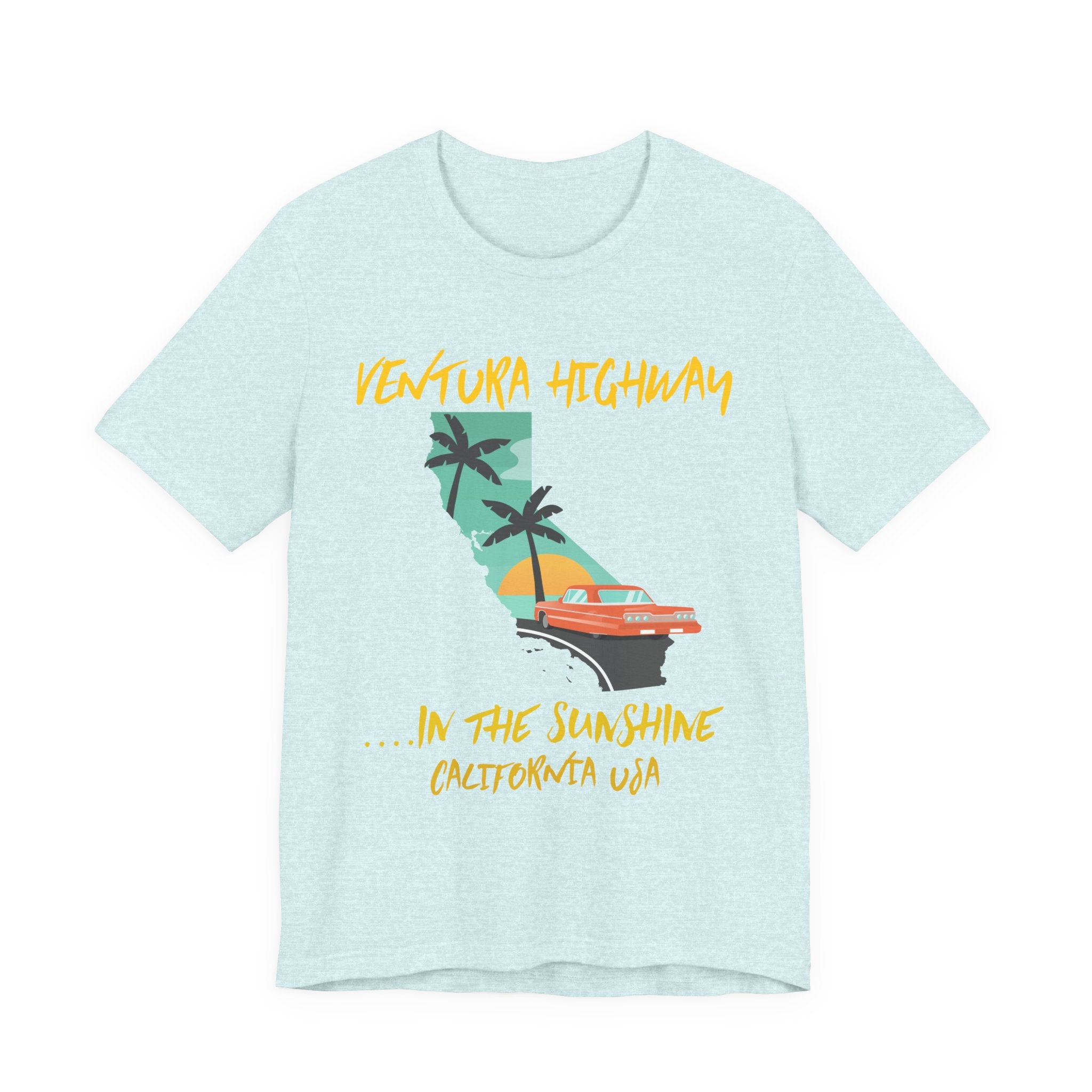 Ice blue heather t-shirt with a 'Ventura Highway in the Sunshine, California USA' graphic featuring the California map, palm trees, and a red convertible, on a white background