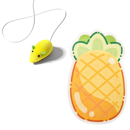 Wall mounted, self-adhesive cat scratcher with random hanging cat toy.