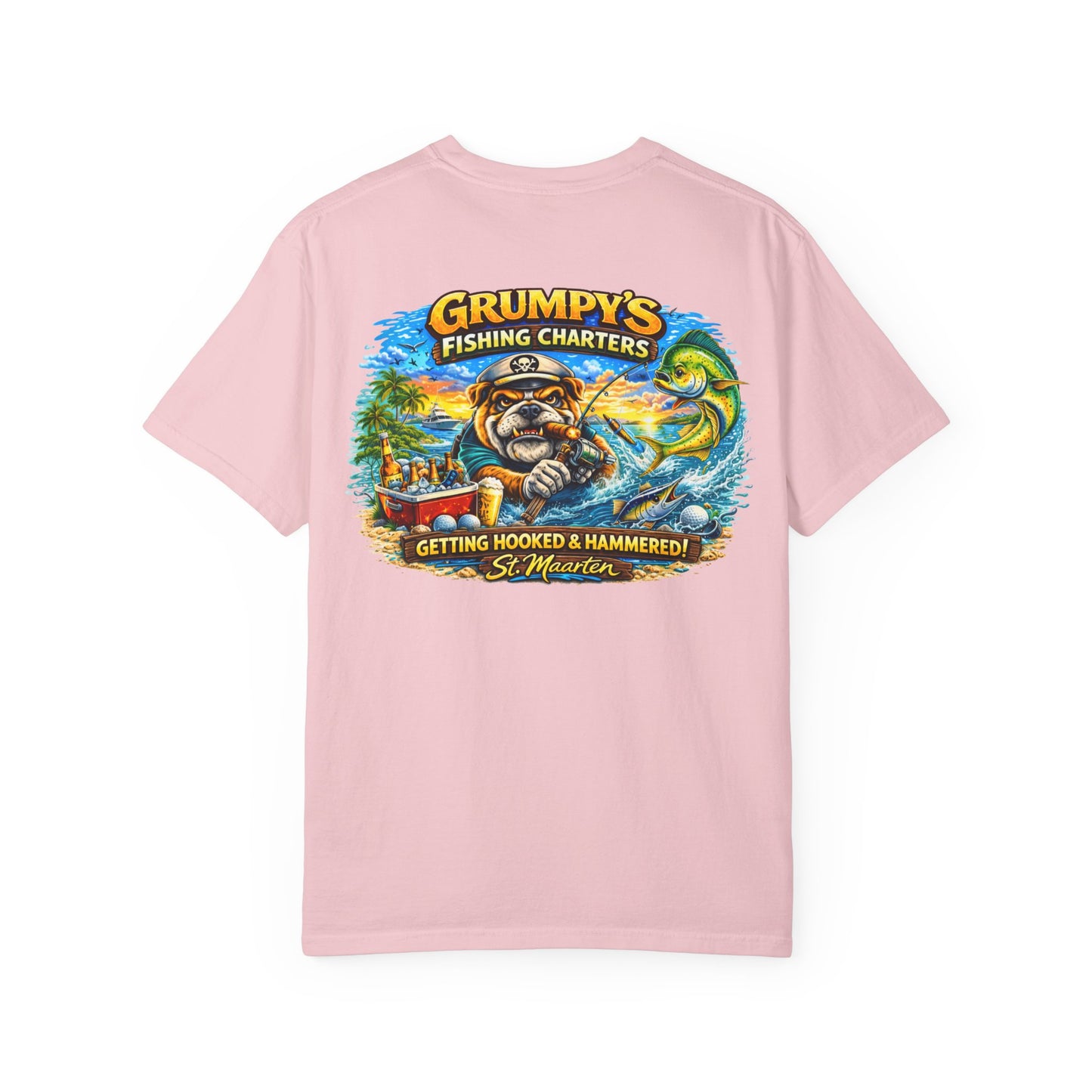 Grumpy's Fishing Charters T-Shirt — "Getting Hooked & Hammered" Graphic Tee