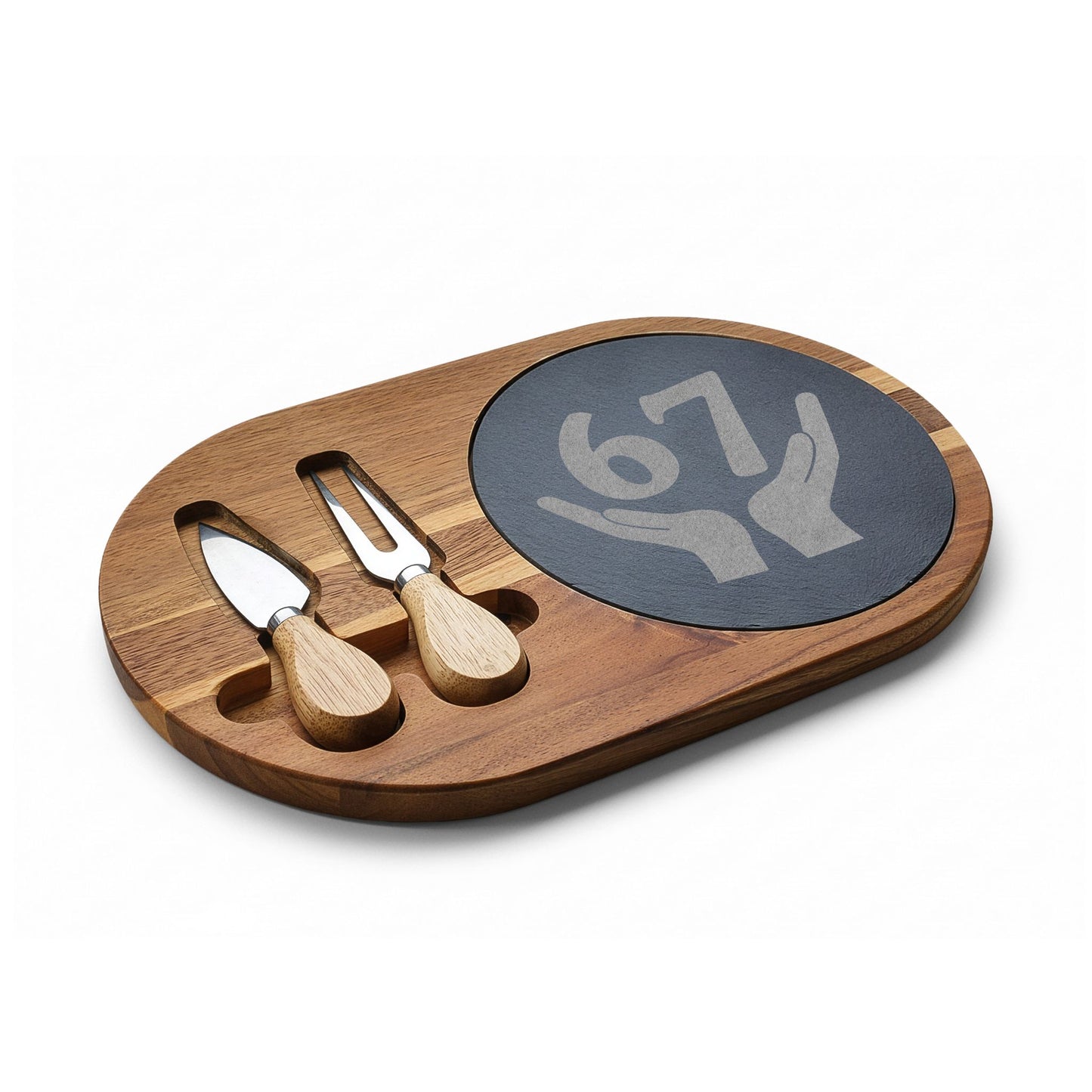 Wooden cheese board with two knives and a decorative emblem on a white background