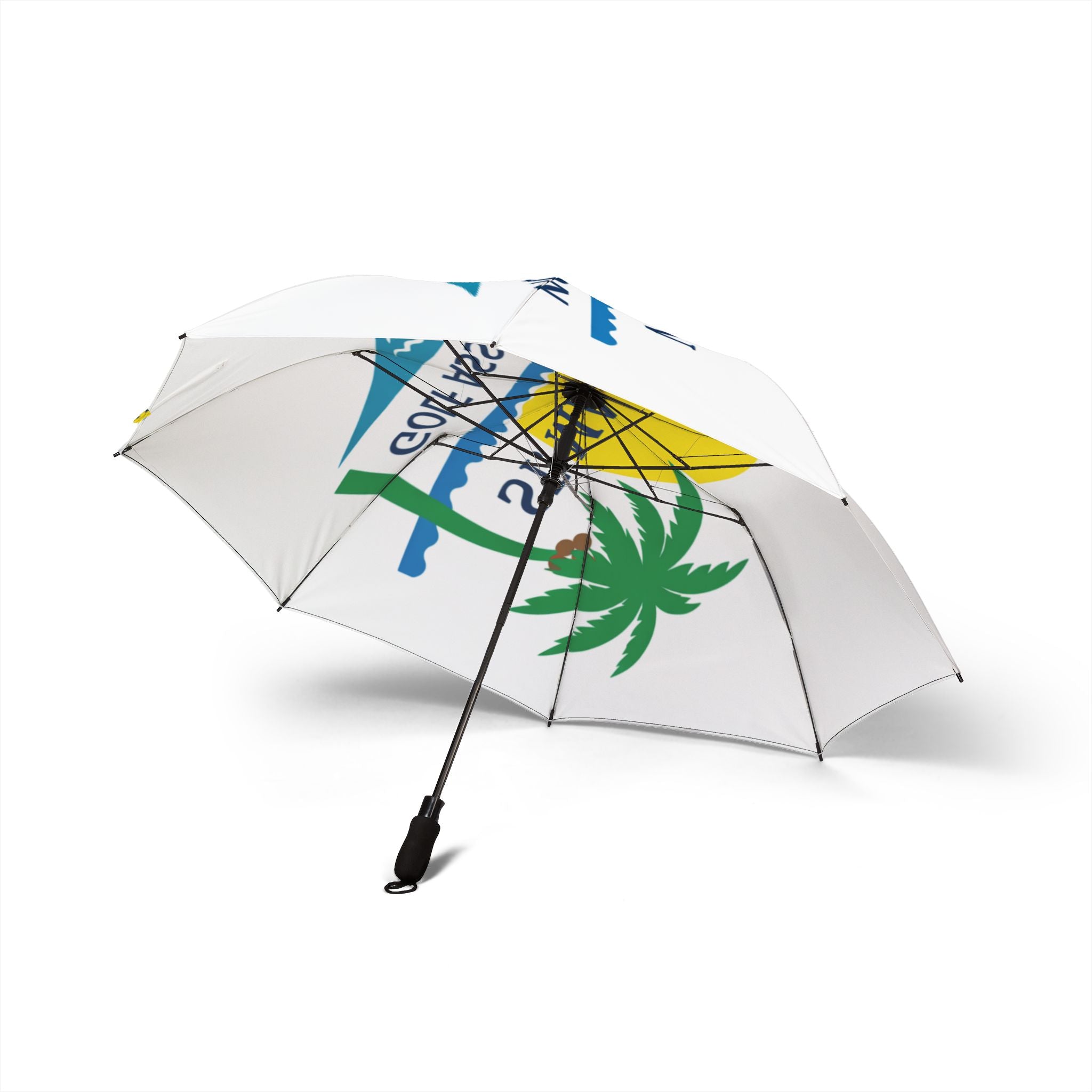 Umbrella with palm tree design on a white background