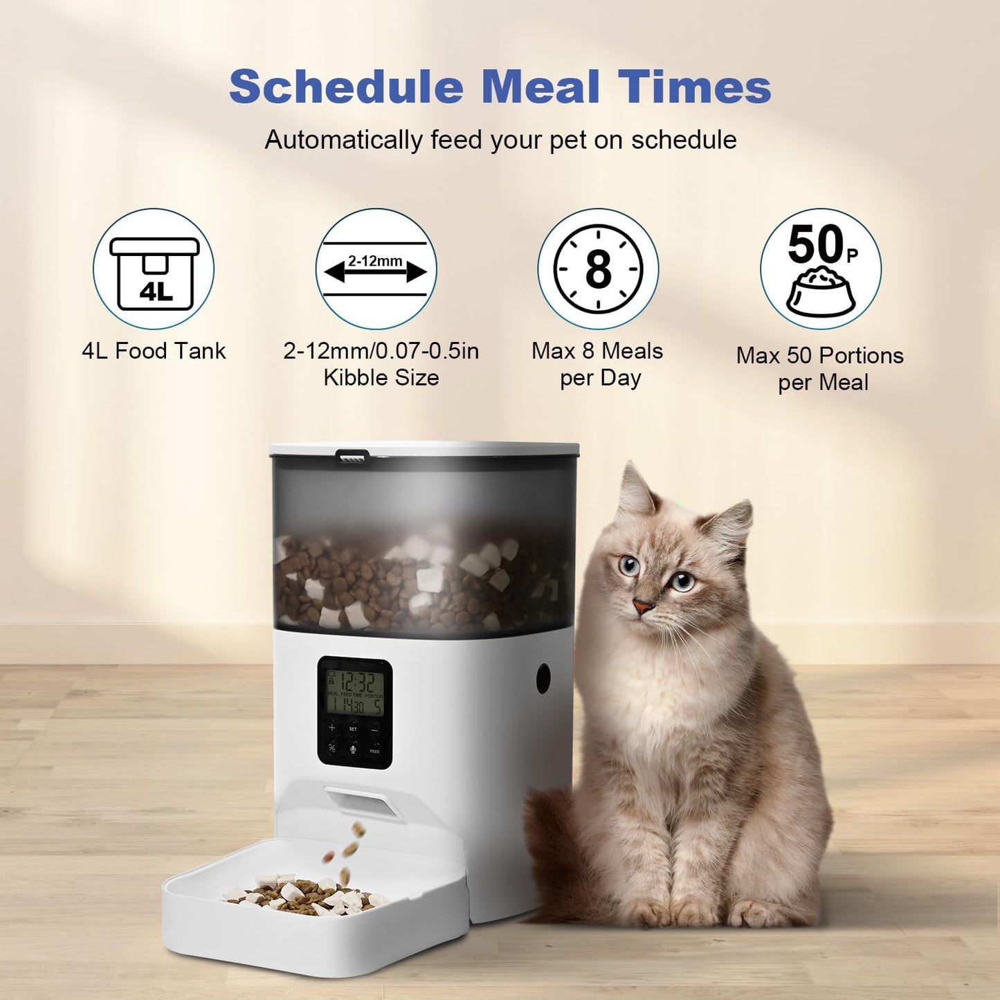Cat food dispenser with features highlighted on a wooden floor