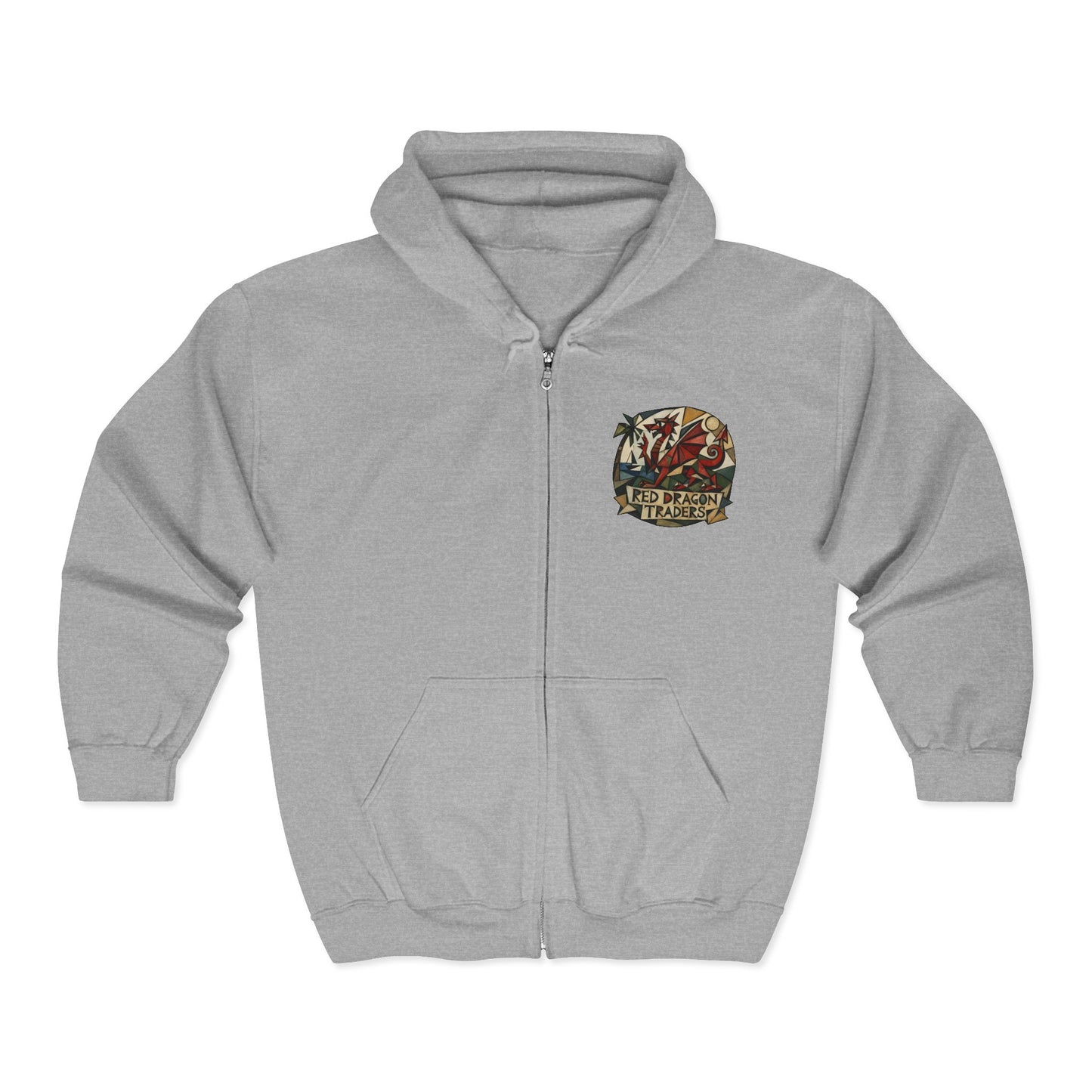 Red Dragon Traders Zip Hoodie — Vintage Fantasy Logo Hooded Sweatshirt
