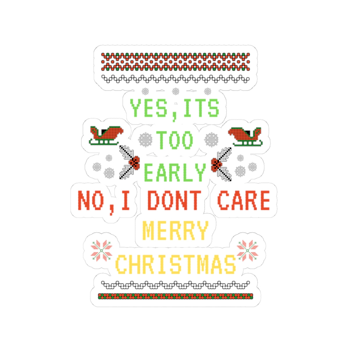 Set of Christmas-themed stickers with humorous text and designs on a white background