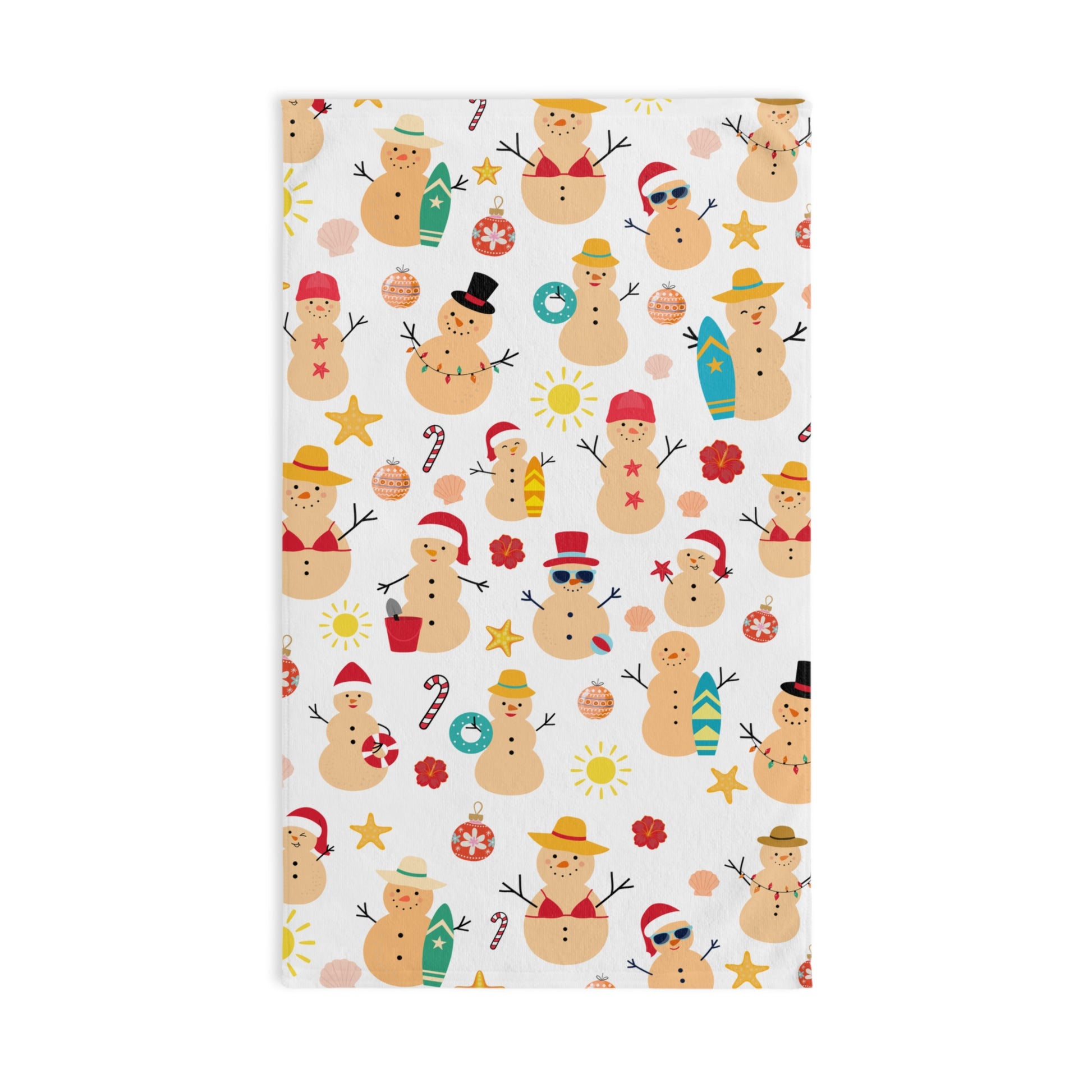 Patterned towel with cartoon snowmen on a white background
