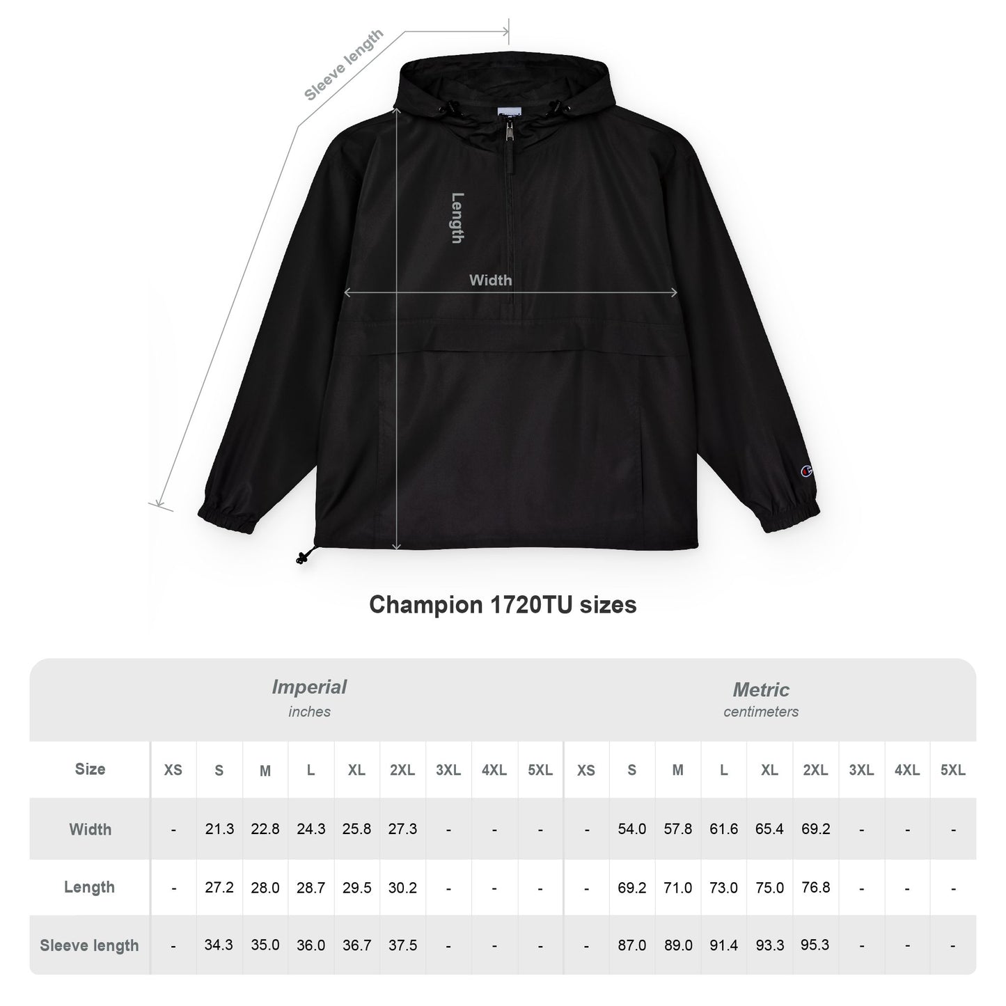 Black jacket with measurement lines and Champion logo, displayed with size chart below.