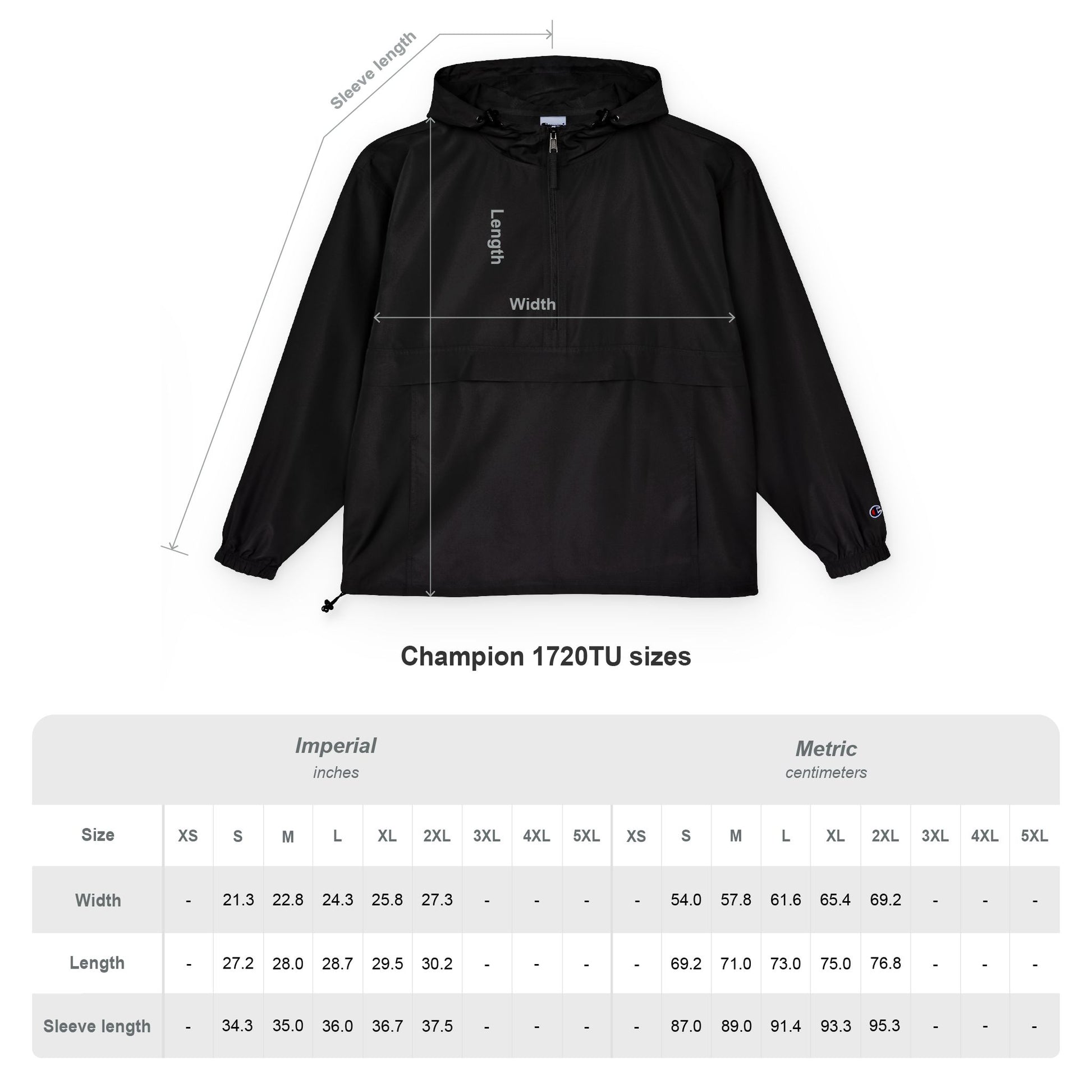 Black jacket with measurement lines and Champion logo, displayed with size chart below.