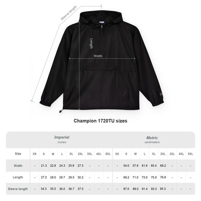 Black jacket with measurement lines and Champion logo, displayed with size chart below.