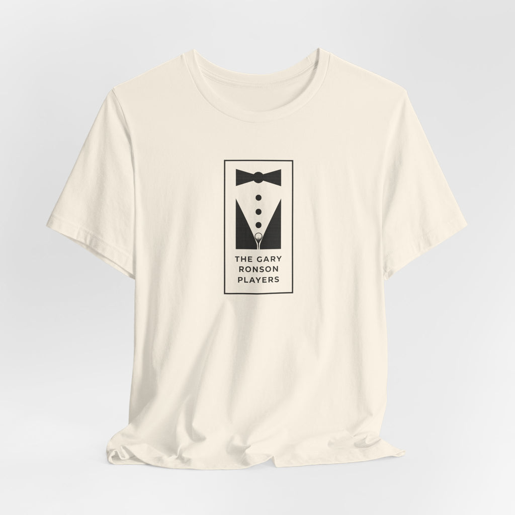 Natural cream t-shirt with a black-and-white tuxedo graphic and 'The Gary Ronson Players' text, front view on a white background