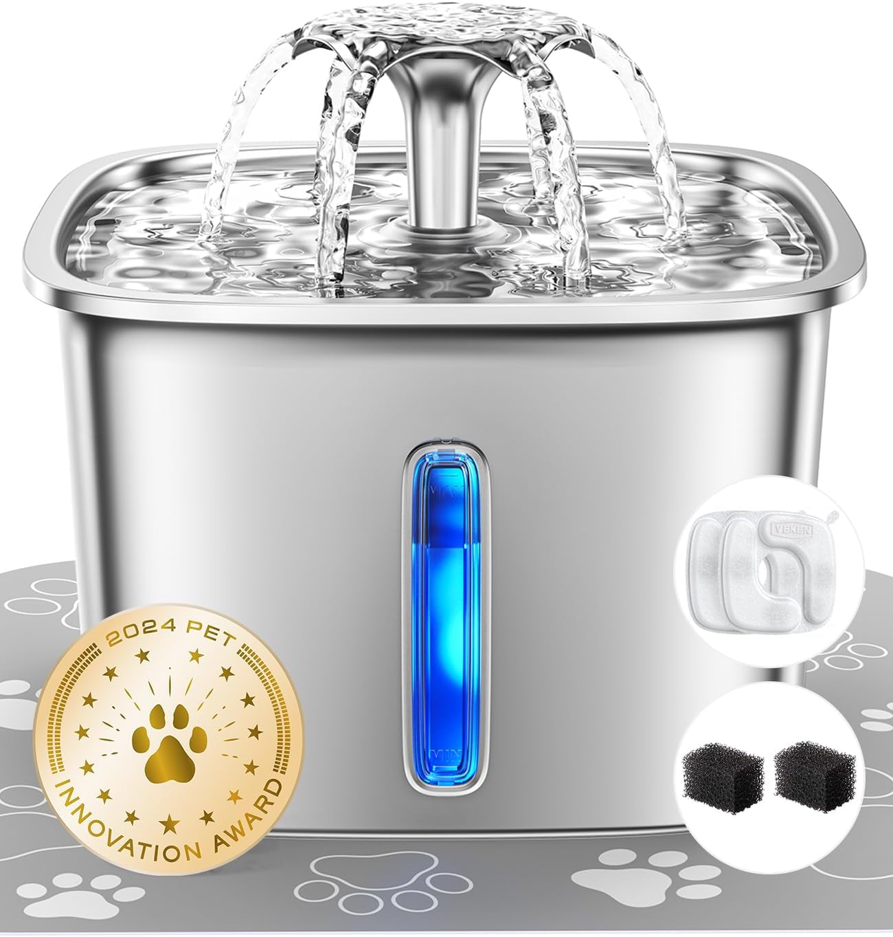 Stainless steel pet water fountain with water flowing, surrounded by paw prints and a 2024 Pet Innovation Award badge.