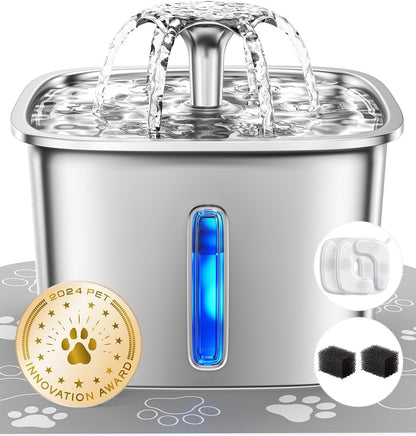 Stainless steel pet water fountain with water flowing, surrounded by paw prints and a 2024 Pet Innovation Award badge.