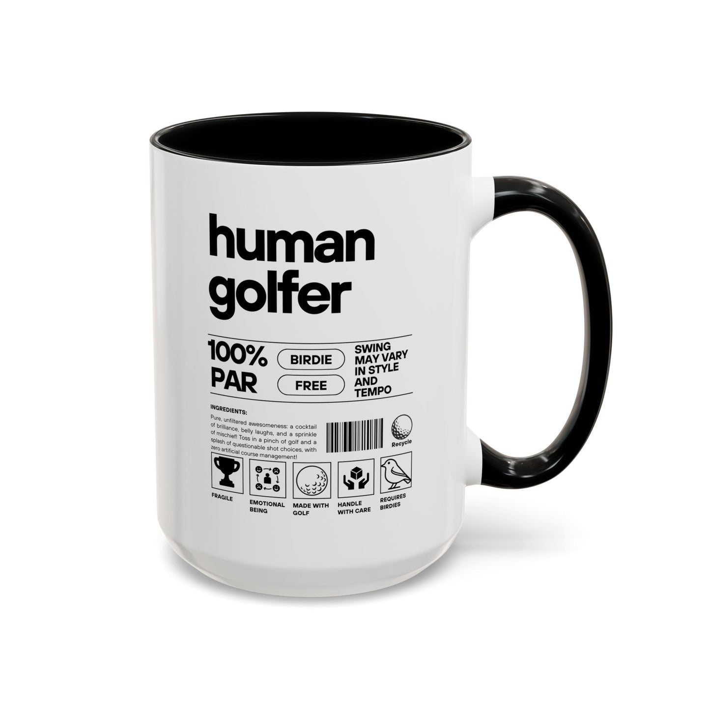 White mug with black interior and handle, featuring 'human golfer' text and graphics on a white background.