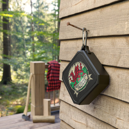 Black Bluetooth speaker with a dragon design hanging on a wooden wall outdoors.