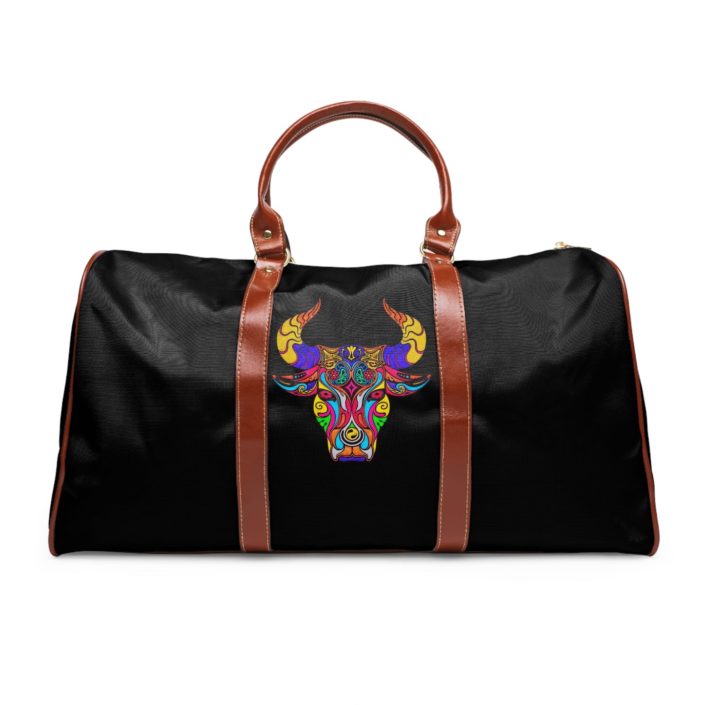 Black duffel bag with a colorful bull head design and brown handles on a white background