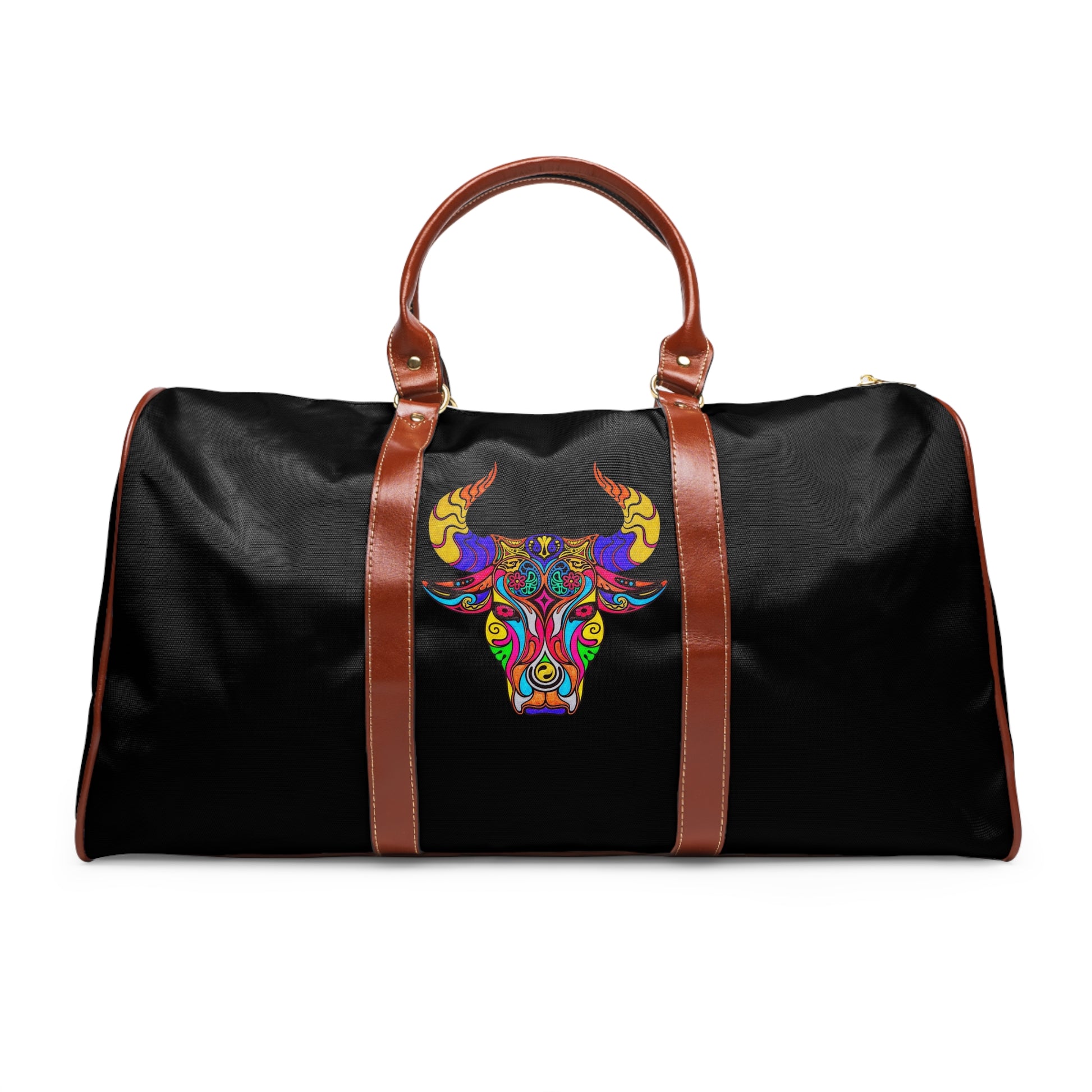 Black duffel bag with a colorful bull head design and brown handles on a white background