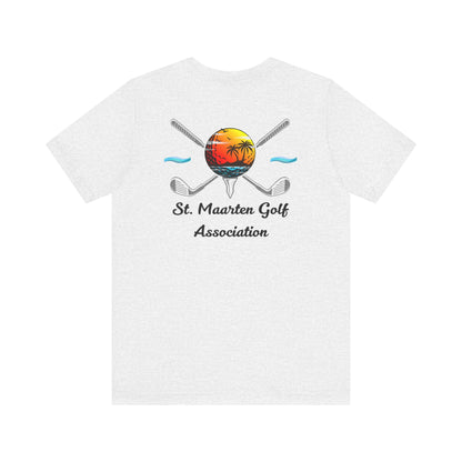Tee Golff Trofannol Cymdeithas Golff Sint Maarten - Dyluniad Golff Retro Machlud Ynys