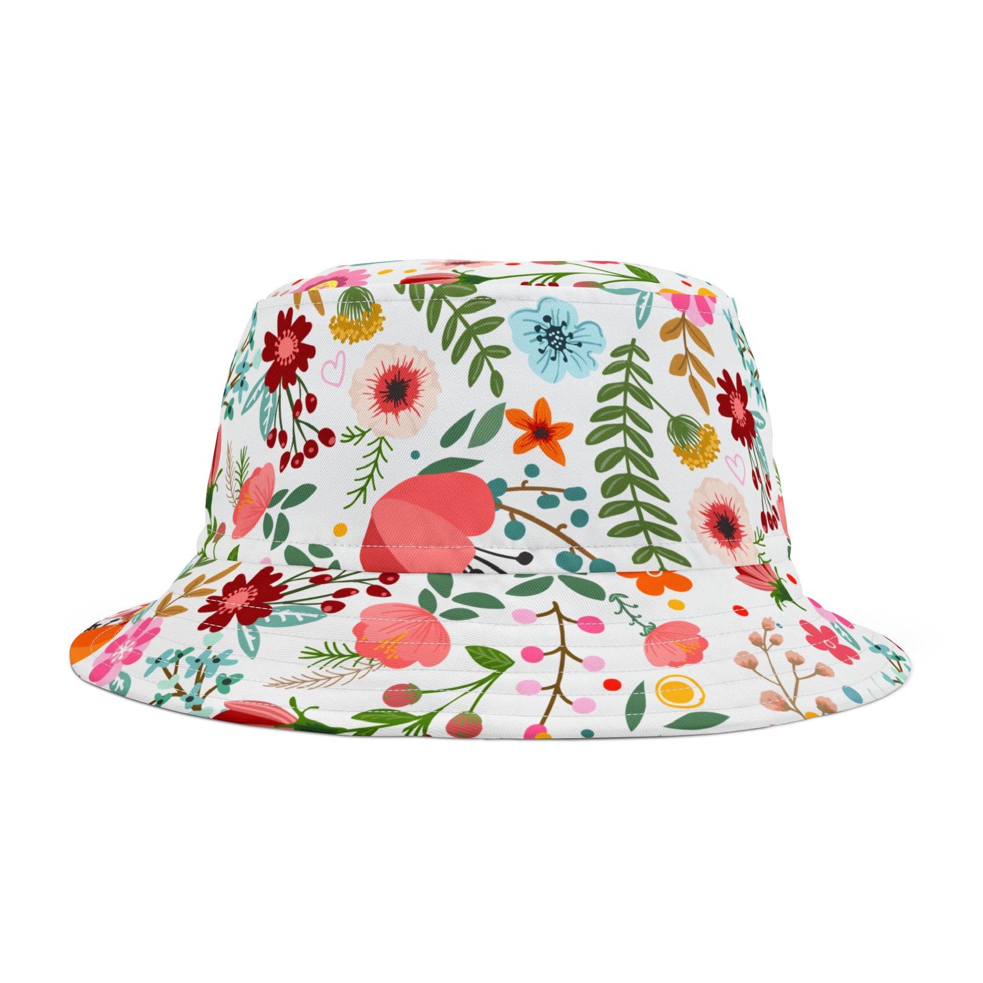 Floral-patterned bucket hat on a white background
