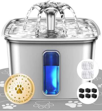 Pet water fountain with water flowing, 2024 Pet Innovation Award badge, and filter icons on a white background.