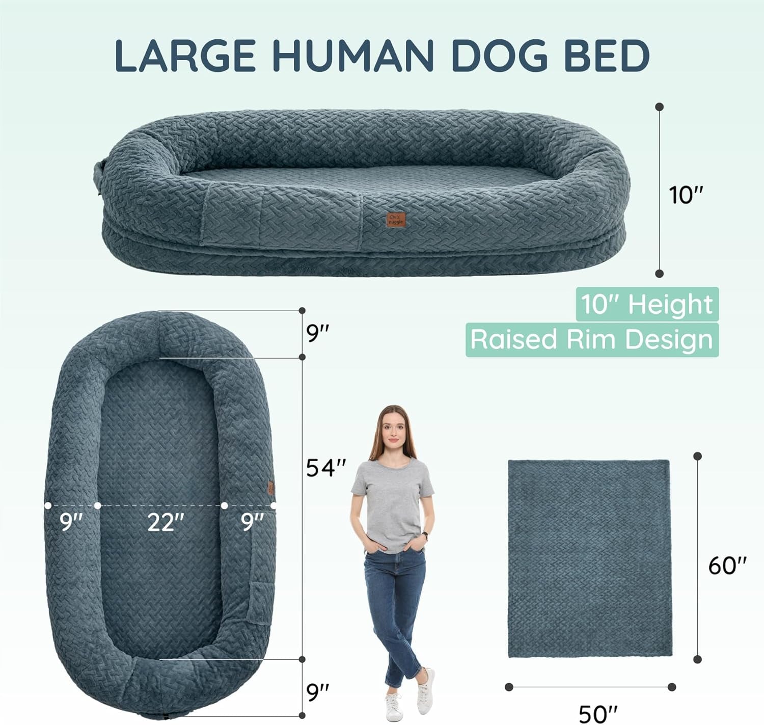 Large human dog bed with dimensions and a person for scale on a white background