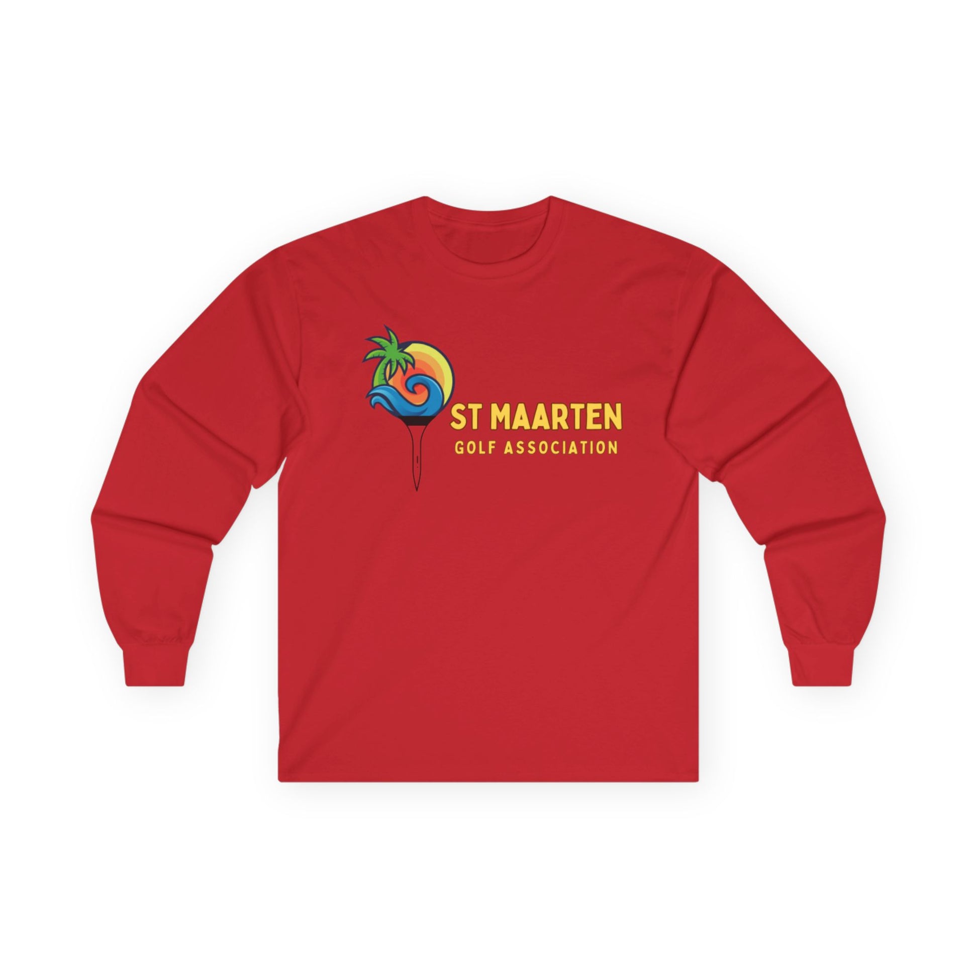 Red long-sleeve shirt with St Maarten Golf Association logo on a white background