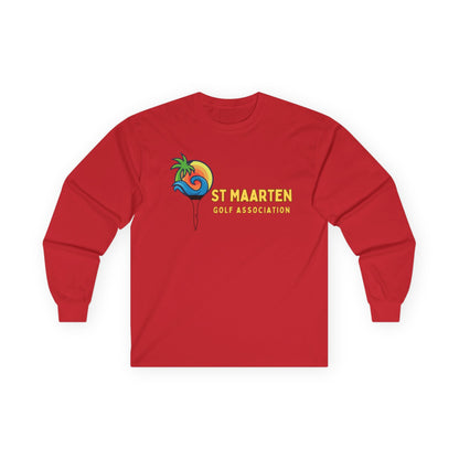 Red long-sleeve shirt with St Maarten Golf Association logo on a white background