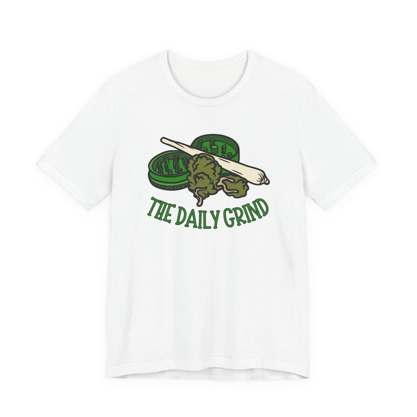 White t-shirt with green graphic and 'The Daily Grind' text on a white background