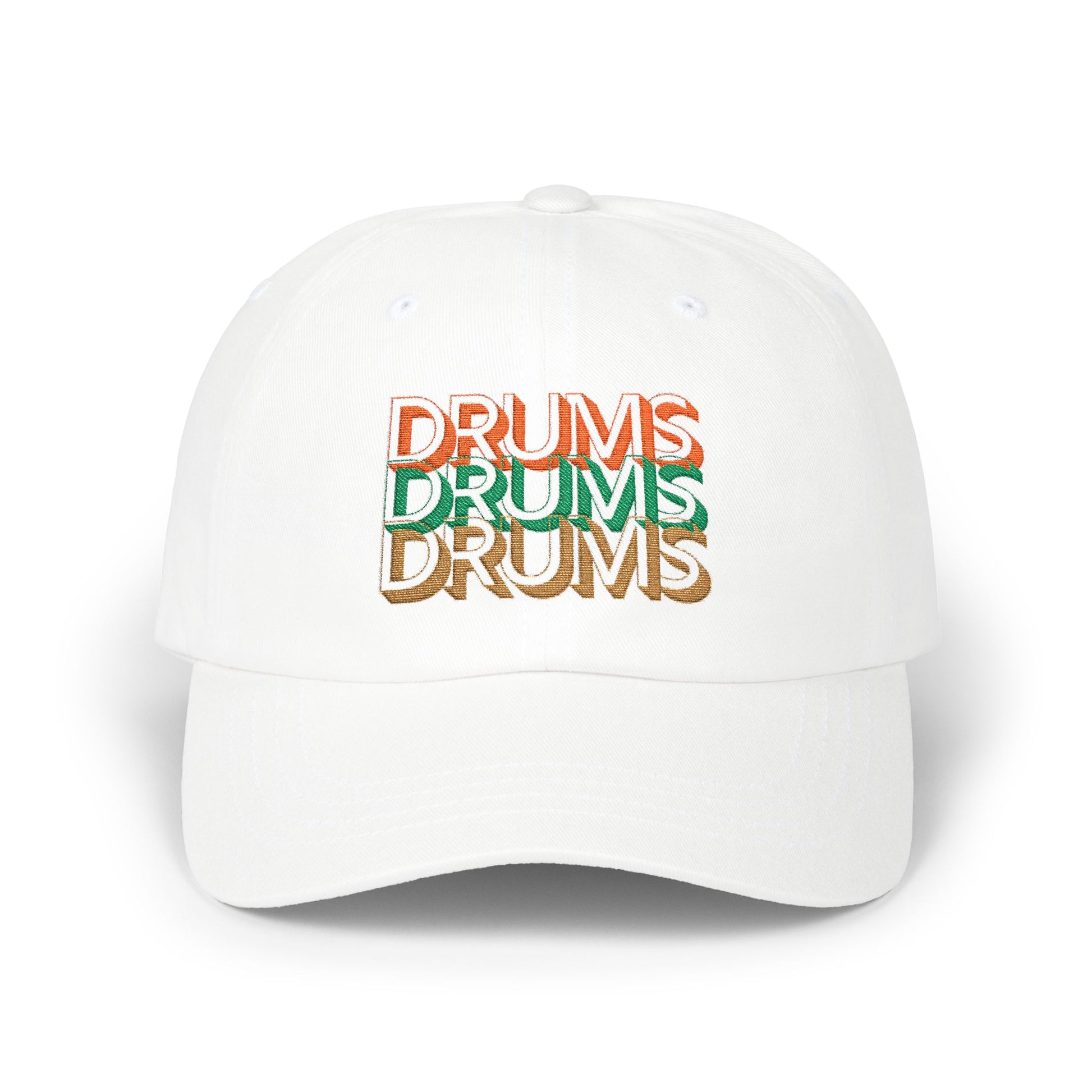 White cap with 'DRUMS' text in multiple colors on a white background