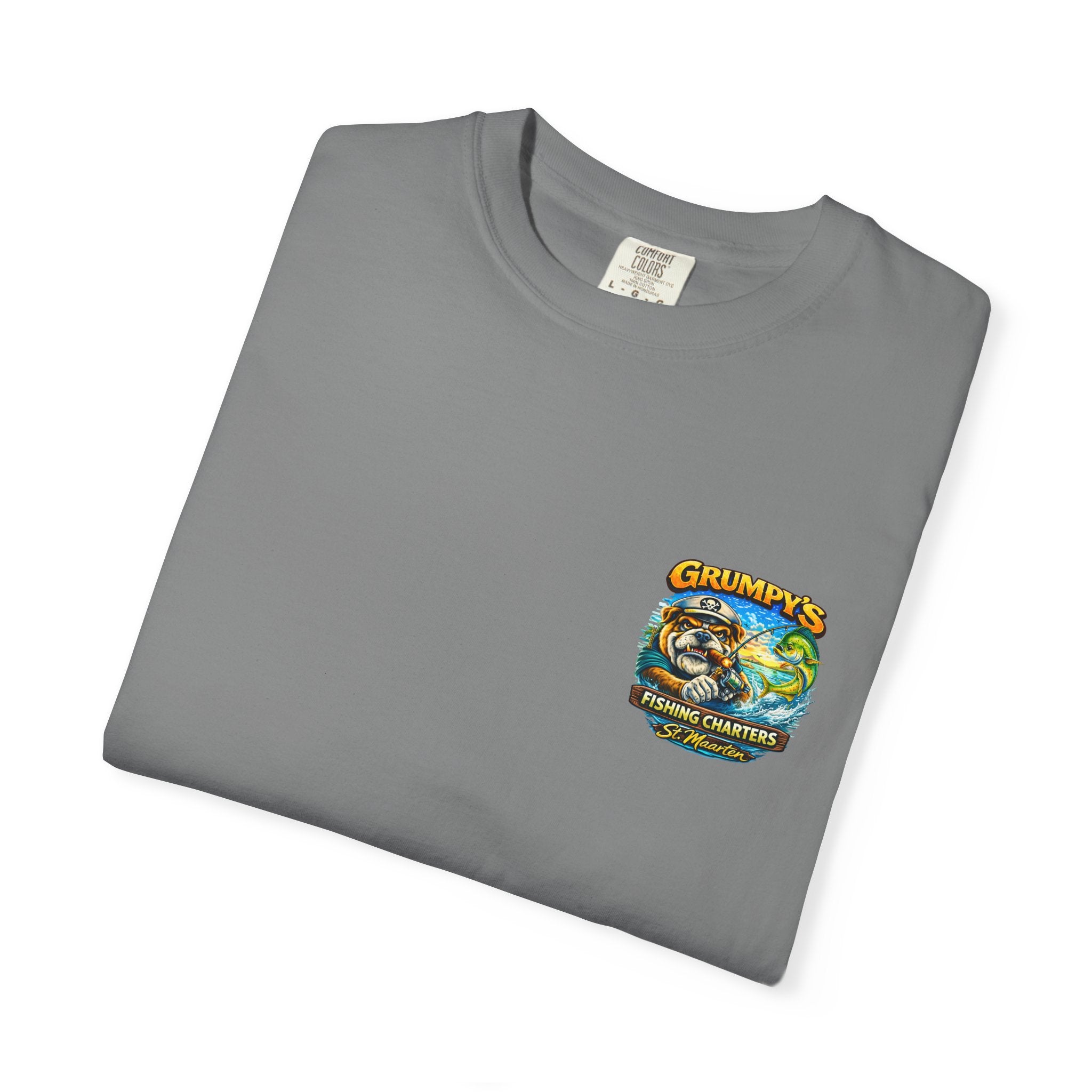 Grey Grumpy's Fishing Charters Tee – "Hooked & Hammered", t-shirt product image 17, size L.