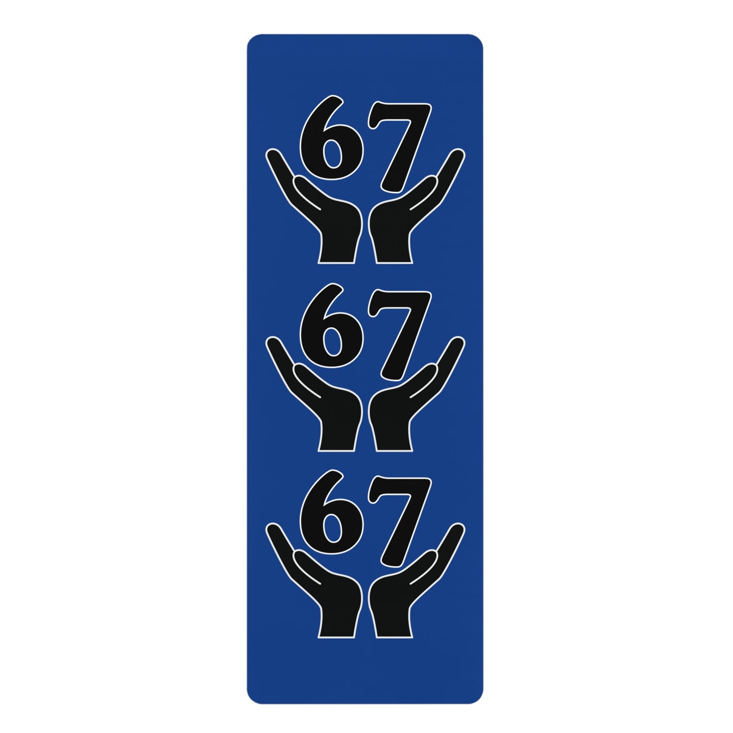 Blue rectangular sign with black hand and number '67' on a white background