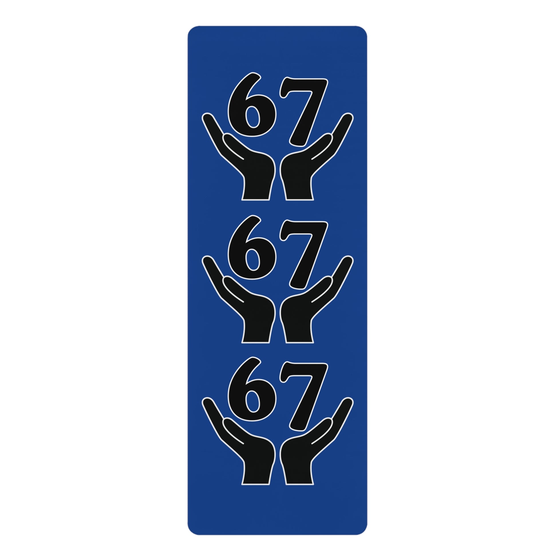 Blue rectangular sign with black hand and number '67' on a white background