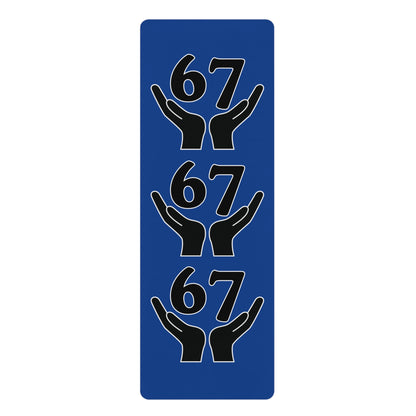 Blue rectangular sign with black hand and number '67' on a white background