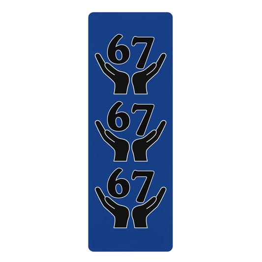 Blue rectangular sign with black hand and number '67' on a white background