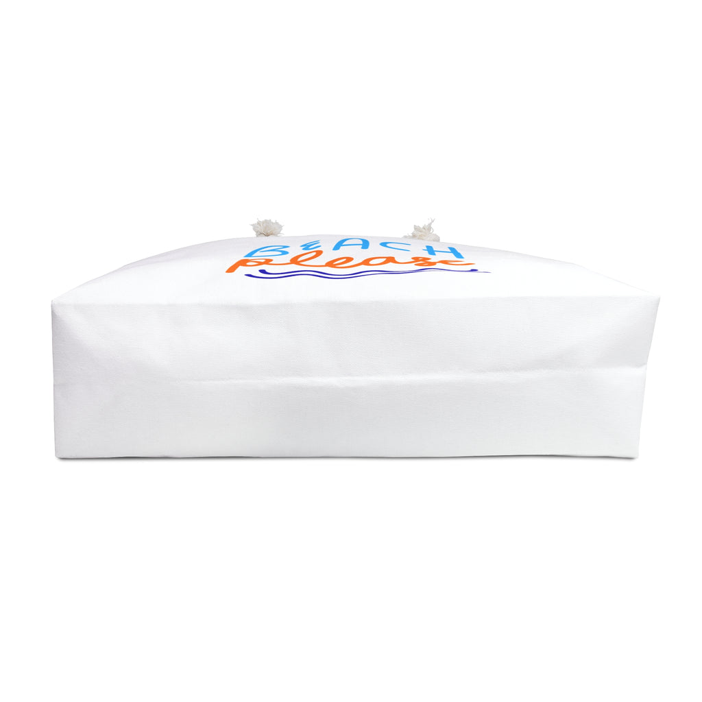 White canvas weekender tote with rope handles, top-down view showing the 'Beach Please' print, on a white background