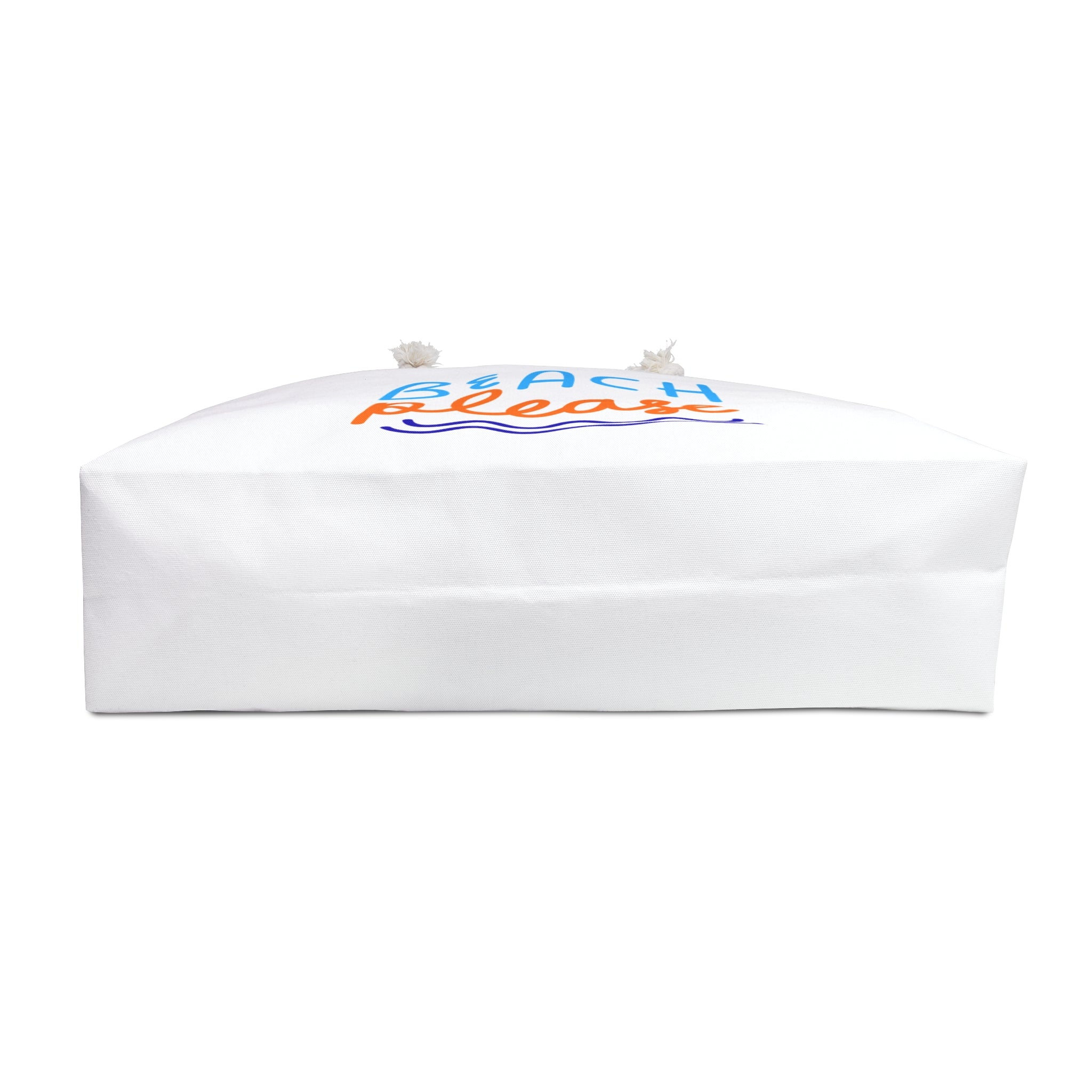 White canvas weekender tote with rope handles, top-down view showing the 'Beach Please' print, on a white background