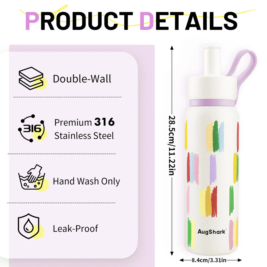 Augshark 24 oz Insulated Water Bottle - Durable 316 Stainless Steel, Leak-Proof with Handle & Flip Straw