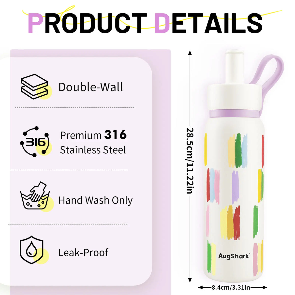 Augshark 24 oz Insulated Water Bottle - Durable 316 Stainless Steel, Leak-Proof with Handle & Flip Straw