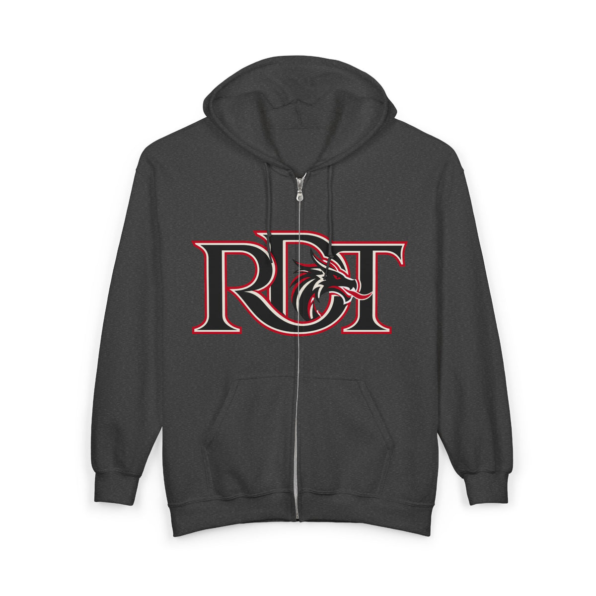 Red Dragon Zip Hoodie — Red Logo Full‑Zip Hooded Sweatshirt