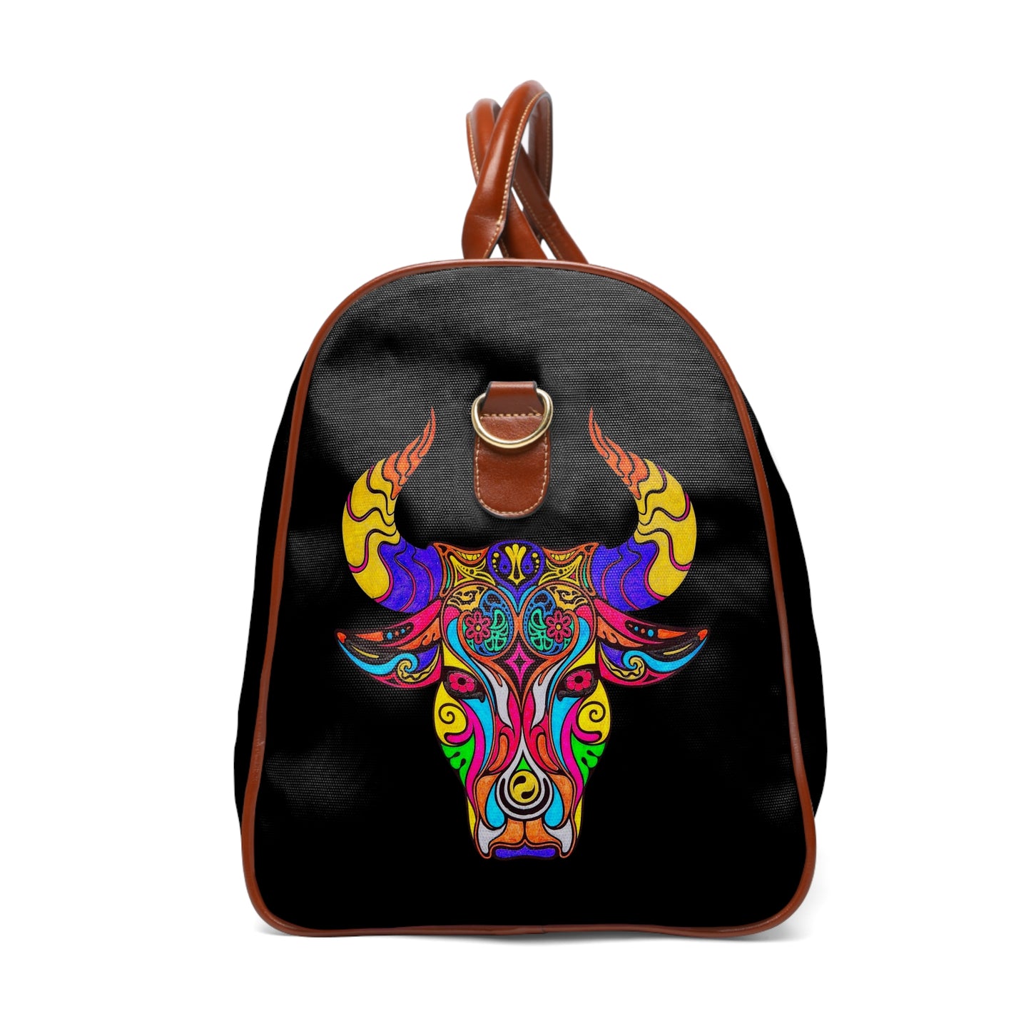 Black backpack with colorful bull head design on a white background