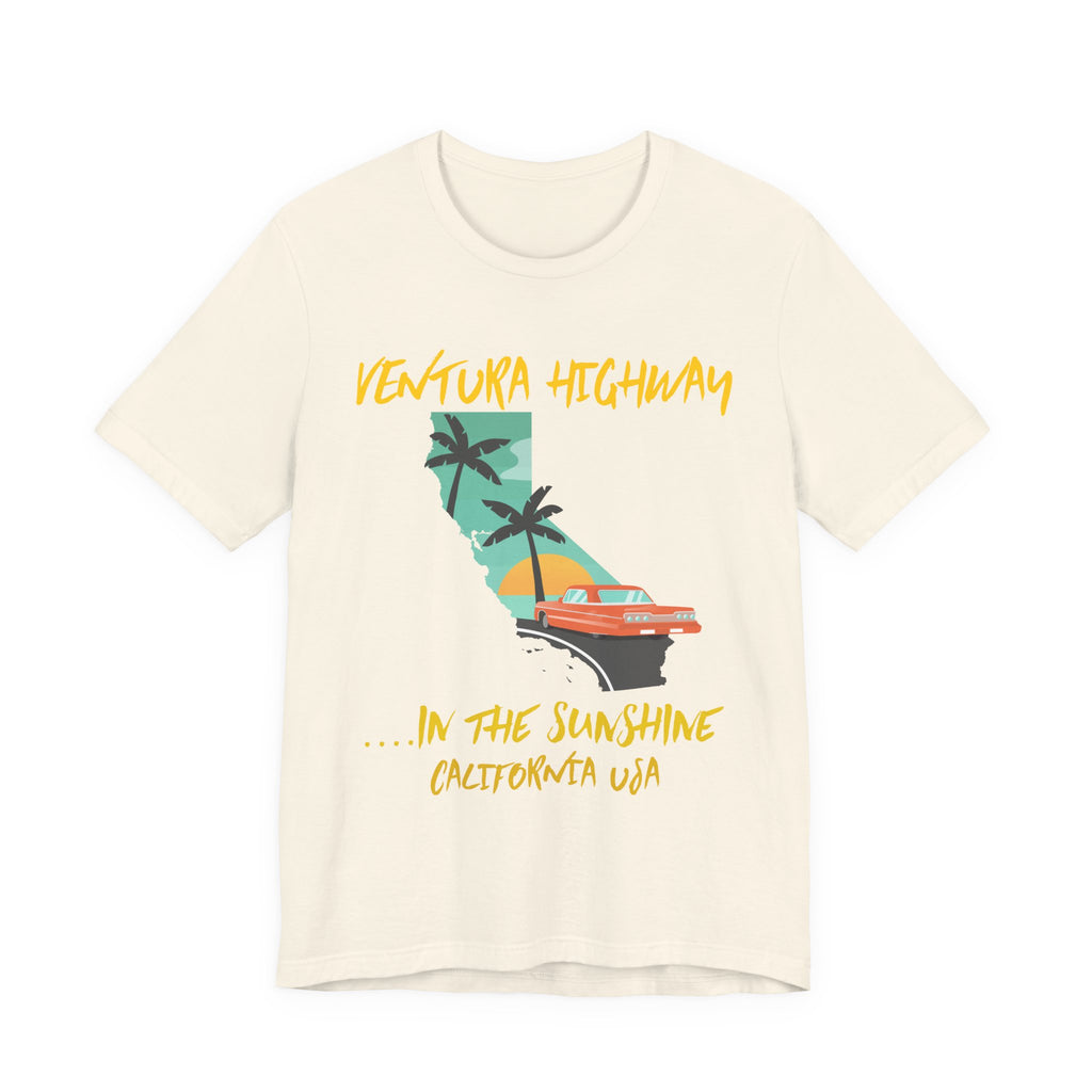 Natural cream t-shirt with a 'Ventura Highway in the Sunshine, California USA' graphic featuring the California map, palm trees, and a red convertible, on a white background