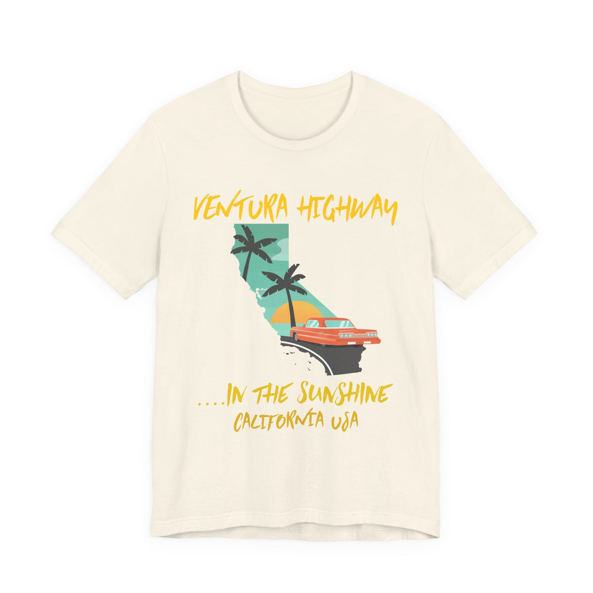 Natural cream t-shirt with a 'Ventura Highway in the Sunshine, California USA' graphic featuring the California map, palm trees, and a red convertible, on a white background