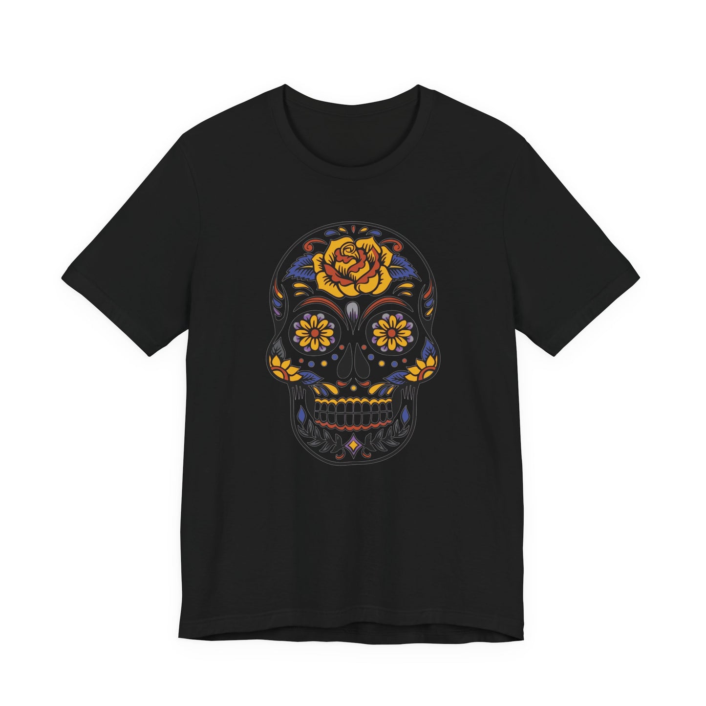 Black t-shirt with a colorful skull design on a white background