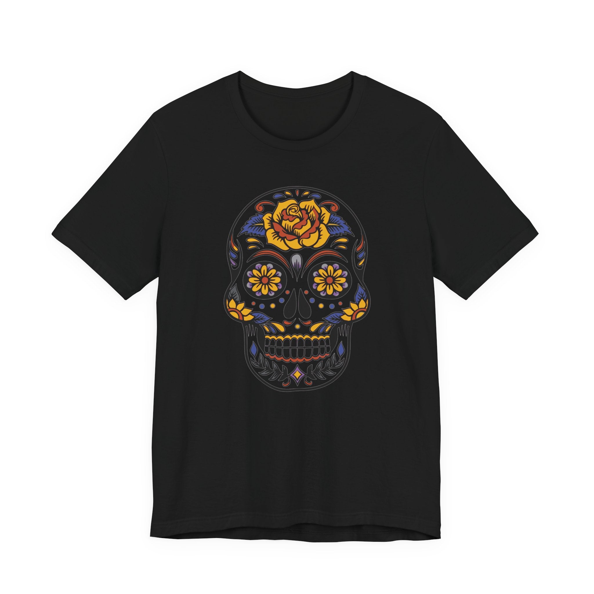 Black t-shirt with a colorful skull design on a white background