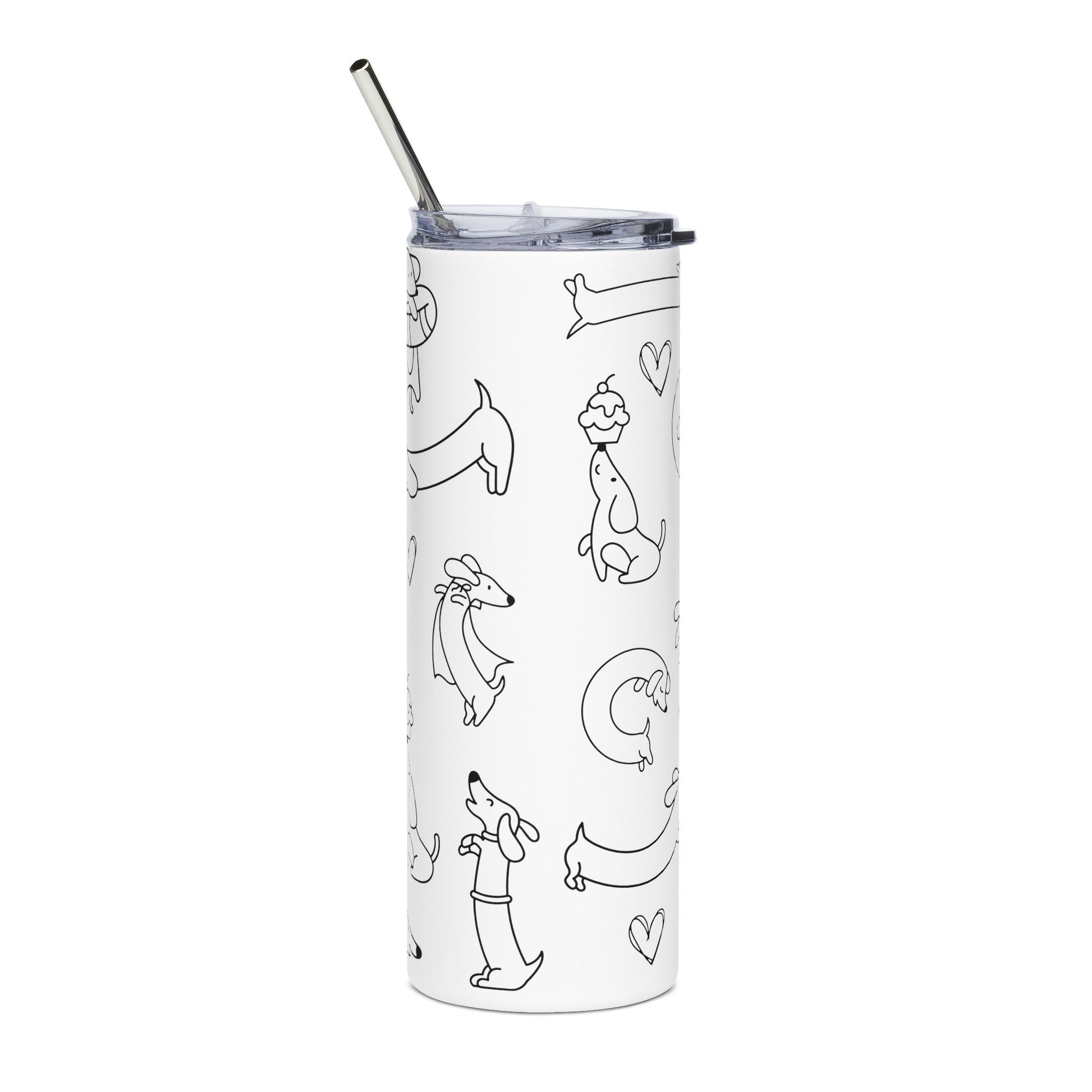Tumbler with black line art design of dogs and hearts on a white background