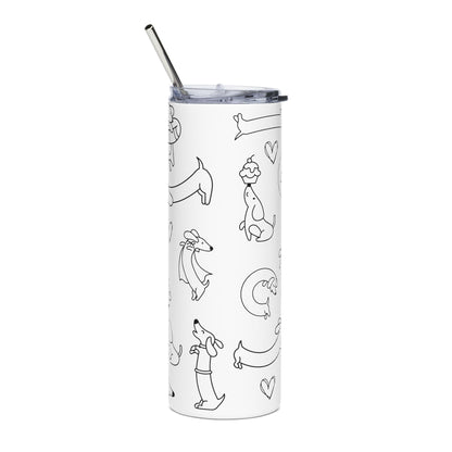 Tumbler with black line art design of dogs and hearts on a white background