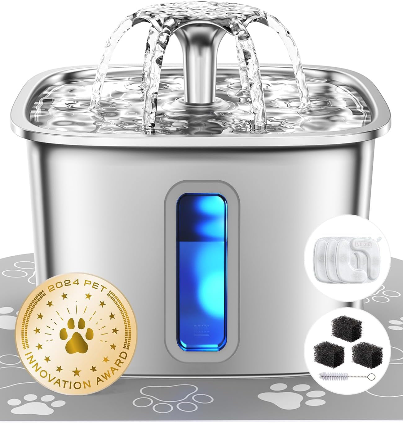Stainless steel pet water fountain with water flowing, surrounded by icons and an award badge.