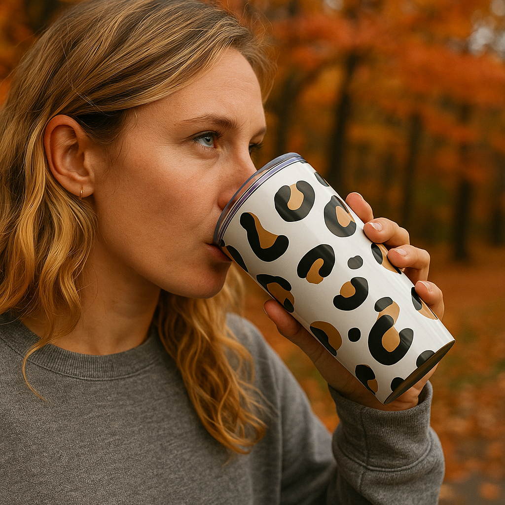 Woman drinking from a tumbler with a leopard print design in an autumn setting