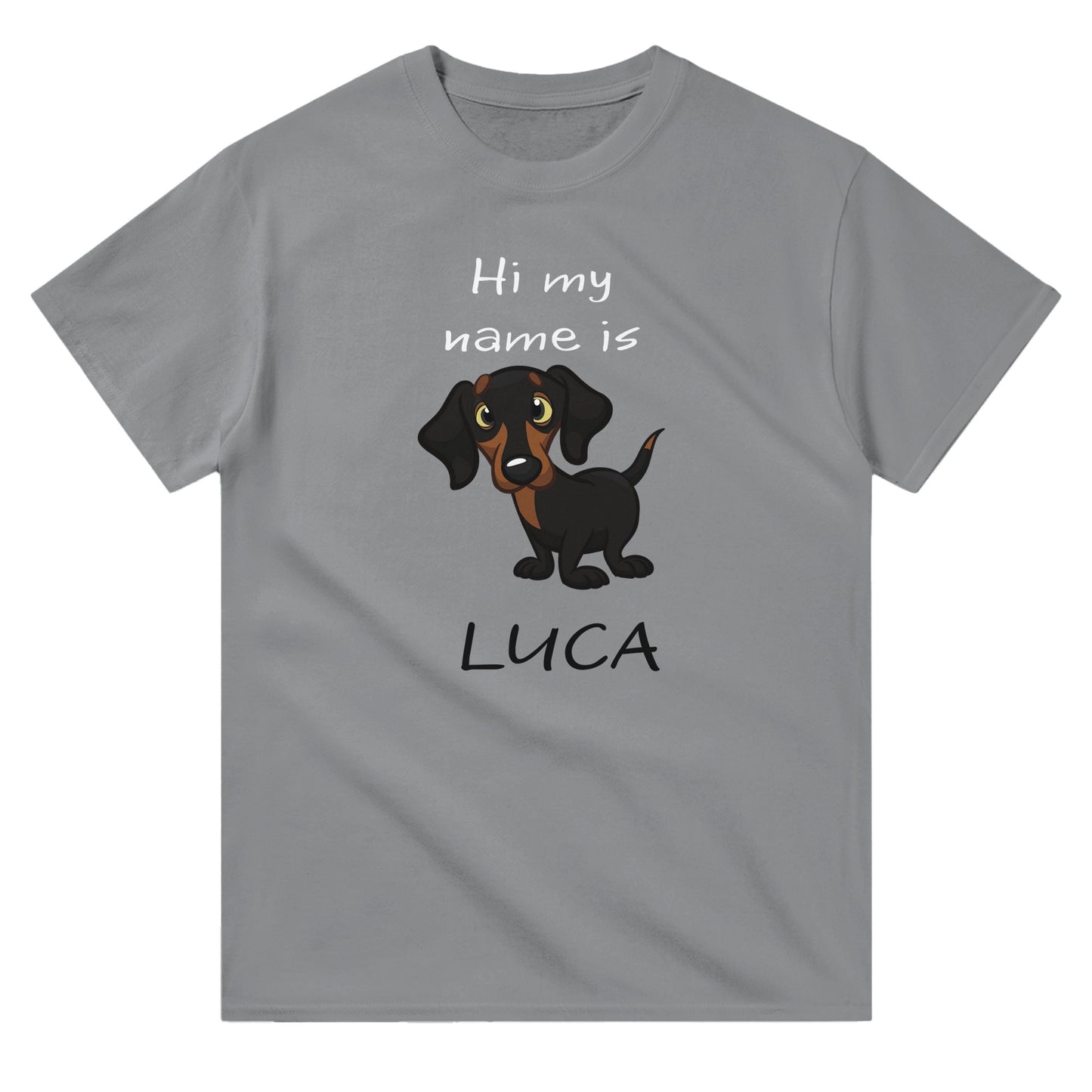 Ash unisex crewneck T-shirt with cartoon dachshund graphic and text “Hi My Name Is Luca” – funny dog lover shirt.