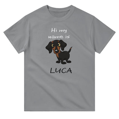Ash unisex crewneck T-shirt with cartoon dachshund graphic and text “Hi My Name Is Luca” – funny dog lover shirt.