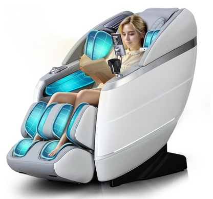Woman using a modern massage chair with blue illuminated seats on a white background