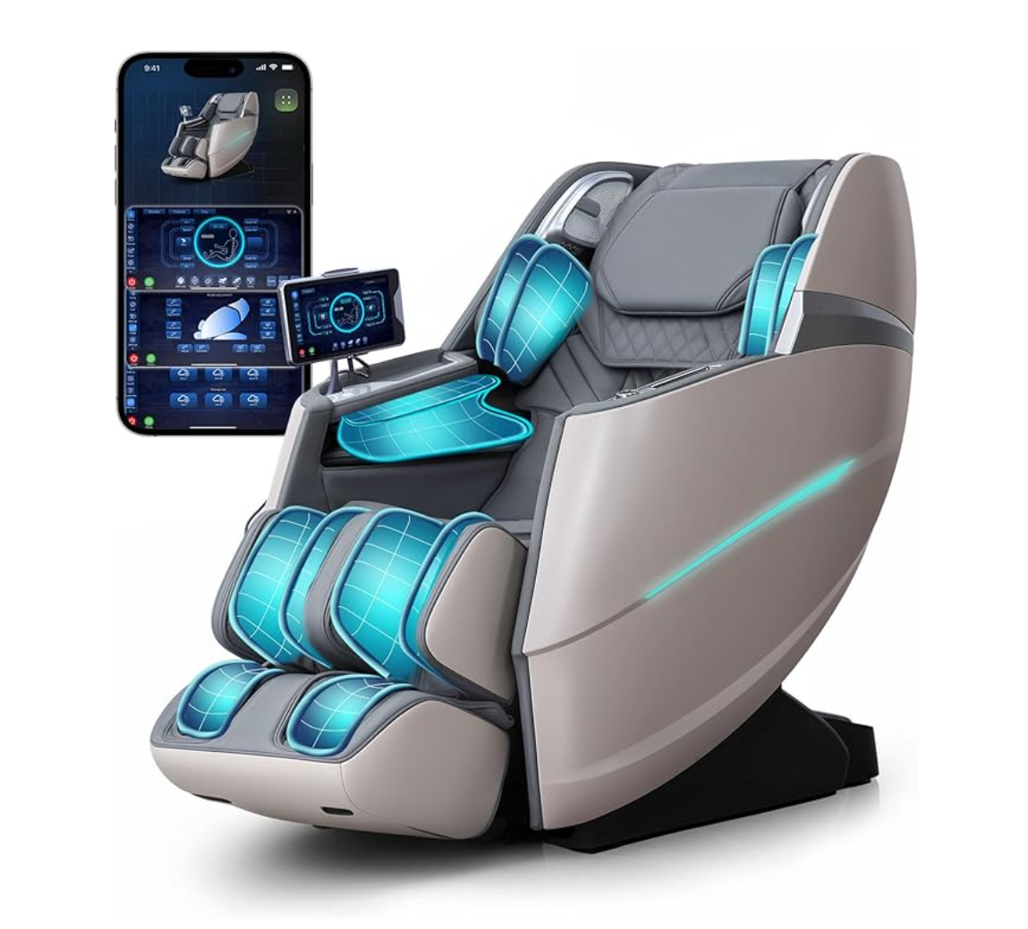 Massage chair with digital controls and smartphone displaying massage app on a white background